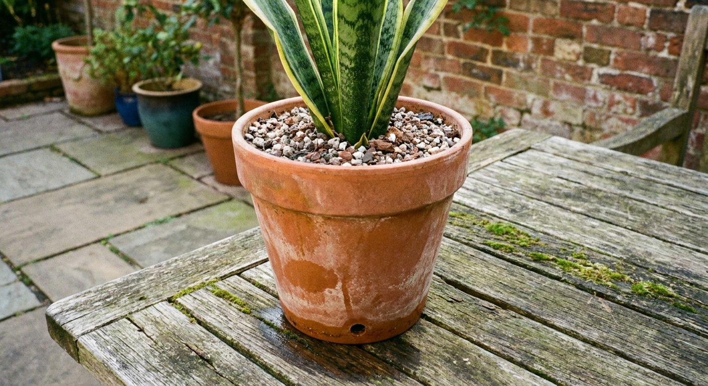A terracotta pot with a visible drainage hole and a snake plant planted in gritty succulent soil on a patio table