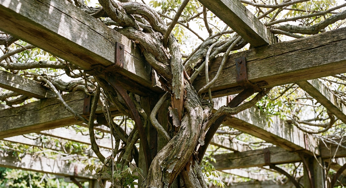 A thick, woody wisteria trunk trained up a sturdy wooden arbor with metal brackets, showing heavy vines wrapped around beams, real garden photography style