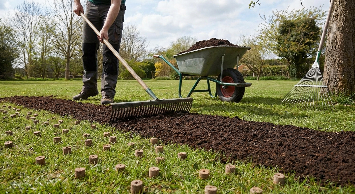 A thin layer of compost being spread over a lawn area with small holes, with a rake nearby