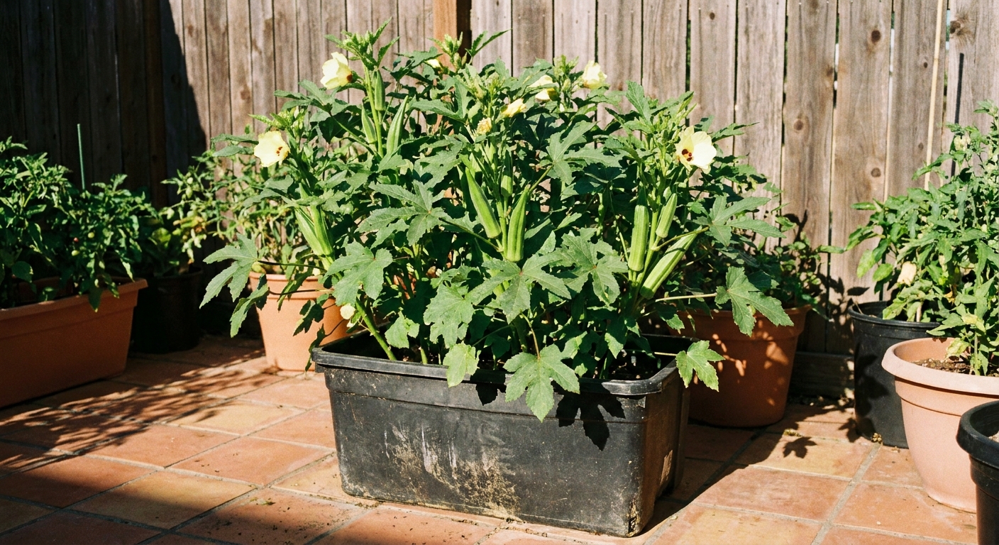 A thriving okra plant growing in a large black container on a sunny patio, with green pods visible on the stem, real photograph style