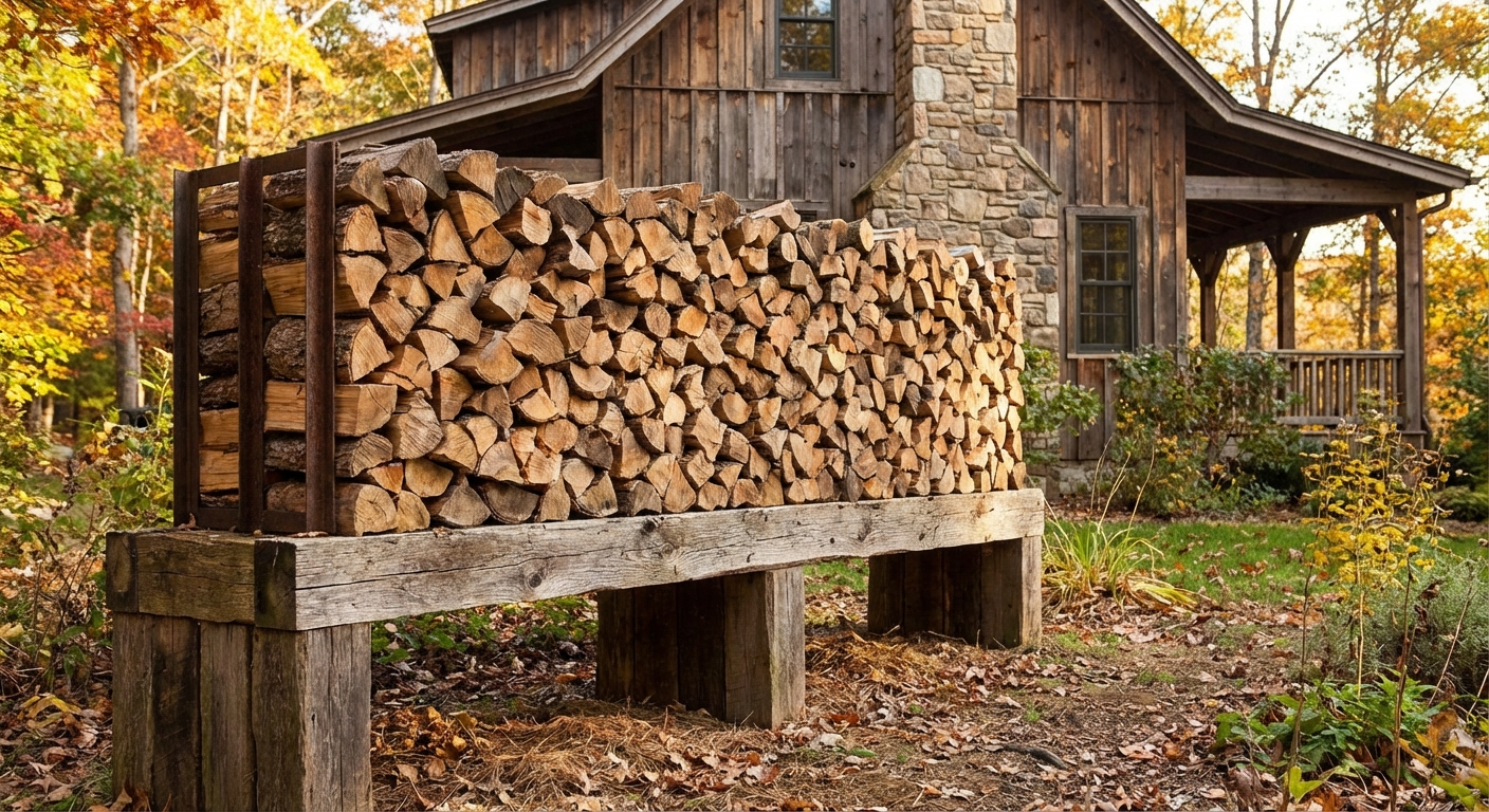 A tidy firewood stack on a raised rack with open space beneath it, set several feet away from a house