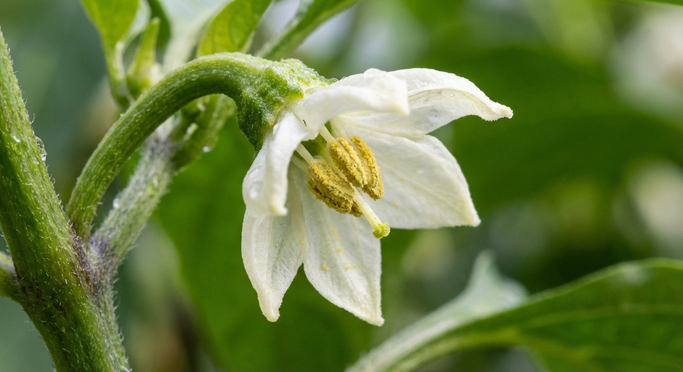 A tight macro photo of a single white pepper flower with a visible yellow center and pollen, on a green stem in natural daylight, photorealistic