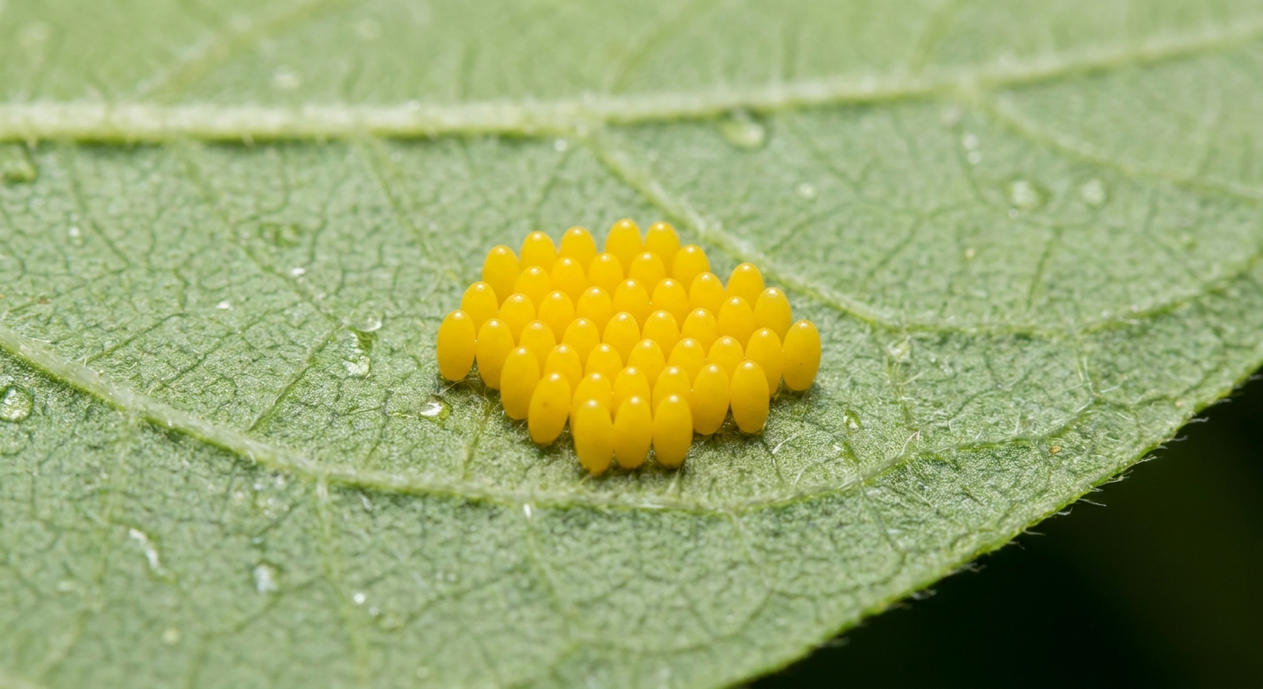 A tight real photo of a cluster of bright yellow Mexican bean beetle eggs standing upright on the underside of a green bean leaf
