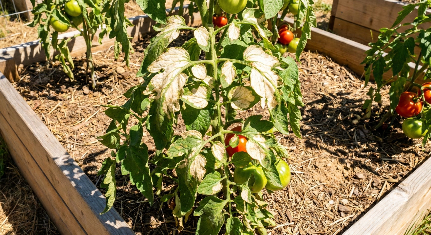 A tomato plant in a garden bed with pale, bleached patches on upper leaves from sunscald, bright summer sunlight photo