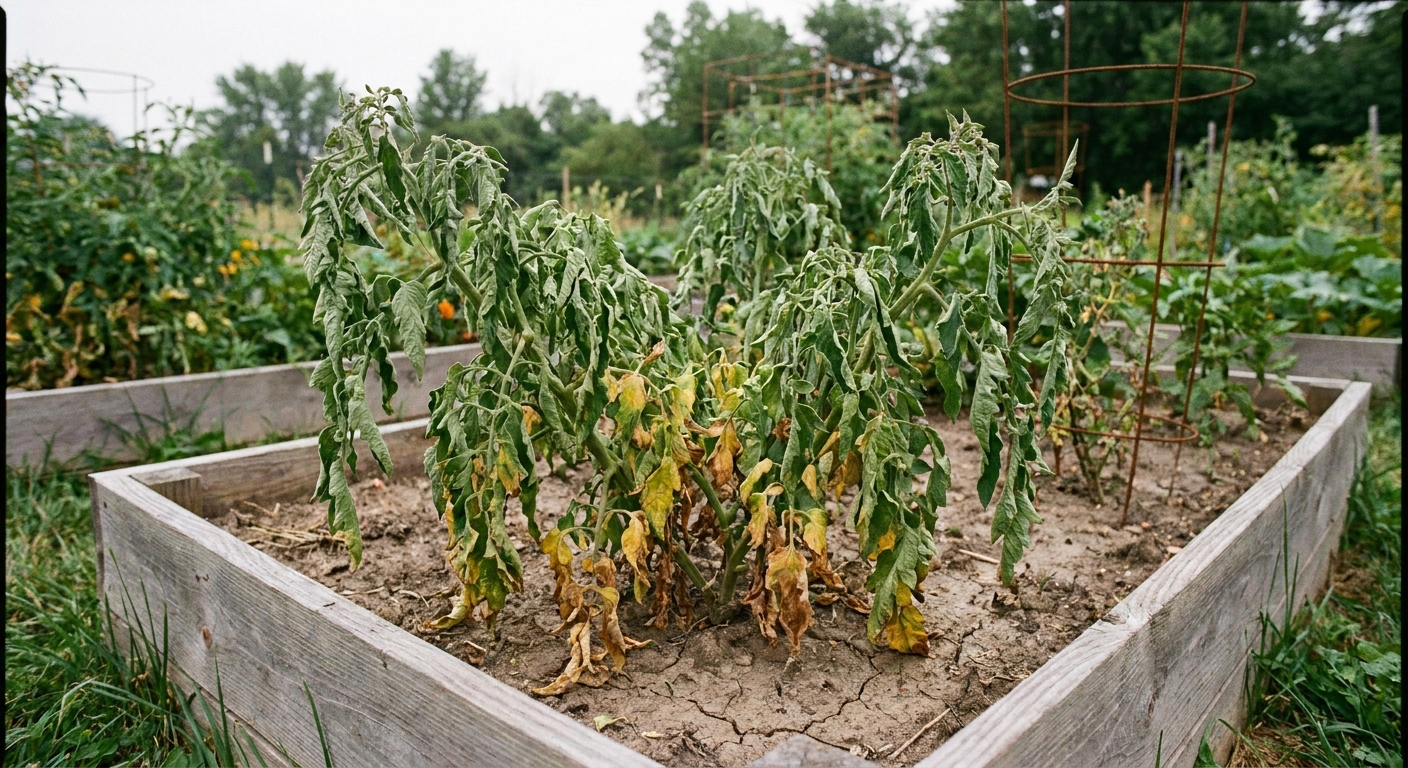A tomato plant in a garden bed with wilted foliage and yellowing lower leaves, real photo