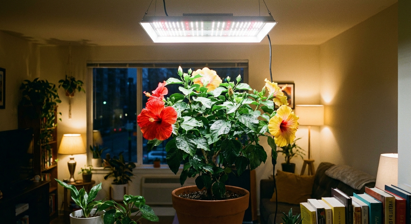 A tropical hibiscus plant indoors under a bright white LED grow light in the evening, realistic home setting photography