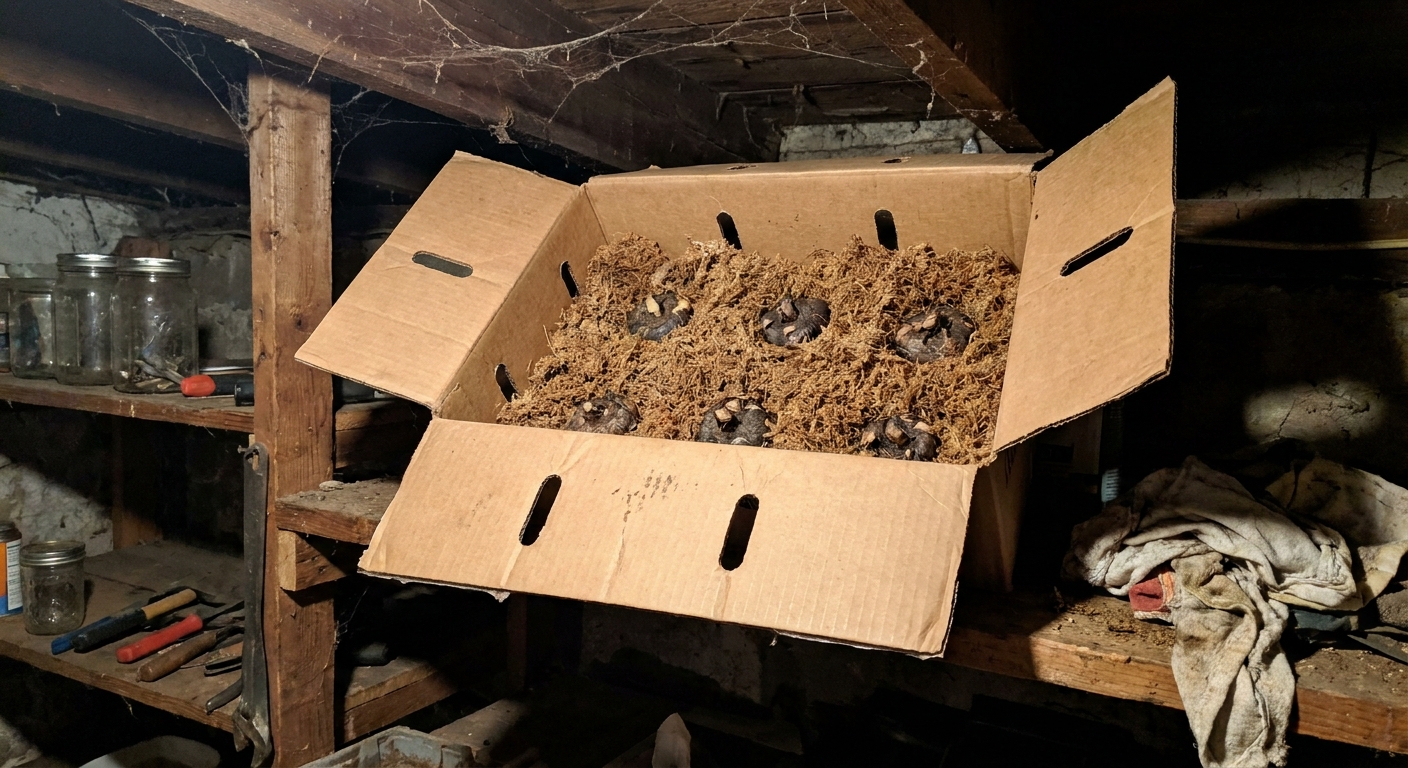 A ventilated cardboard box filled with dry peat moss holding several elephant ear corms spaced apart on a basement shelf