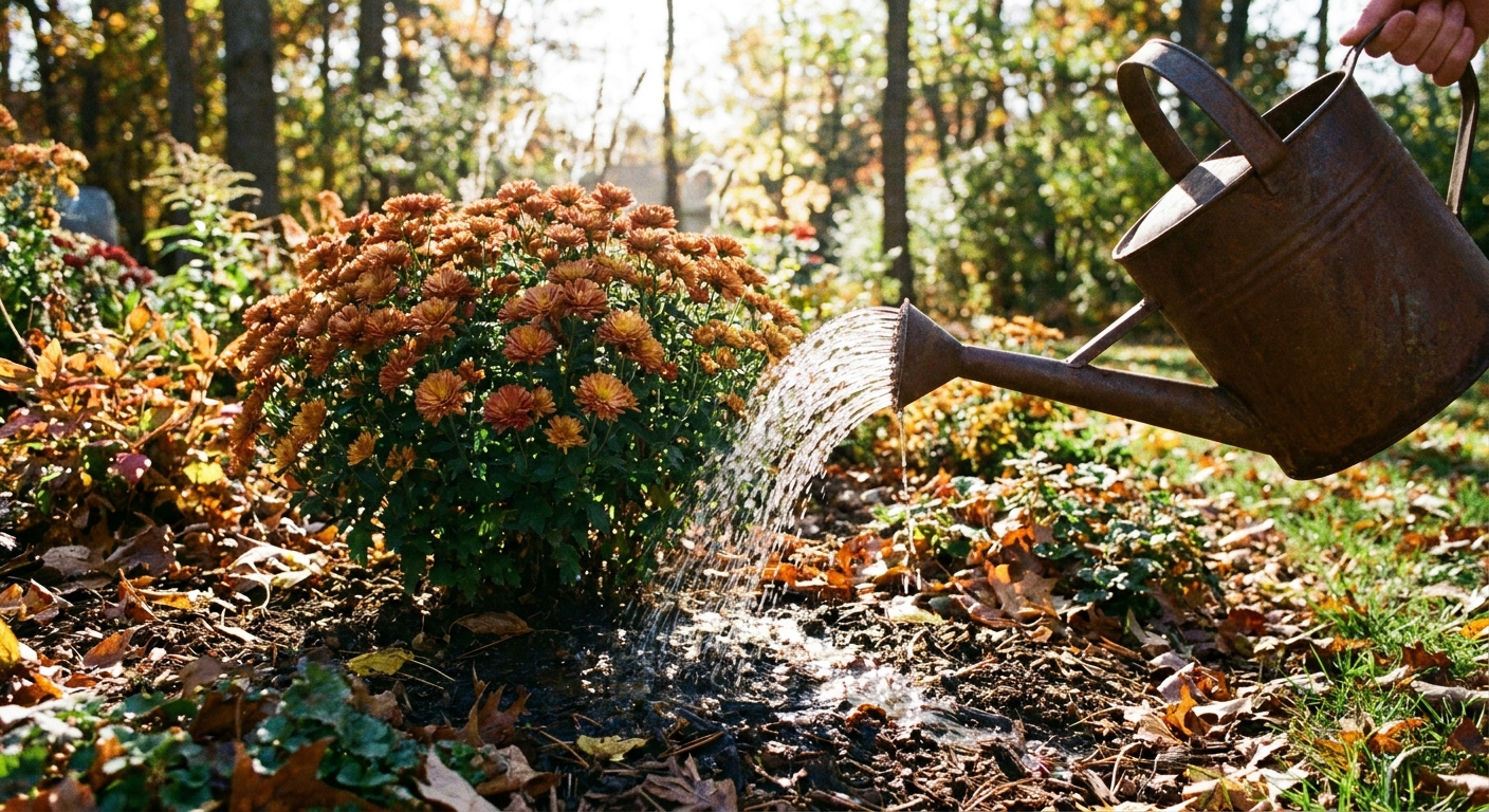 A watering can spout delivering water to the soil at the base of a blooming chrysanthemum in a garden bed during a bright autumn afternoon
