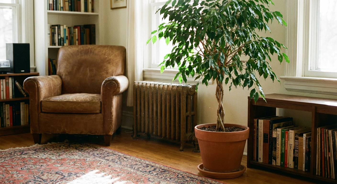 A weeping fig positioned away from a wall heating vent in a cozy room, showing a clear gap between the plant and the airflow source