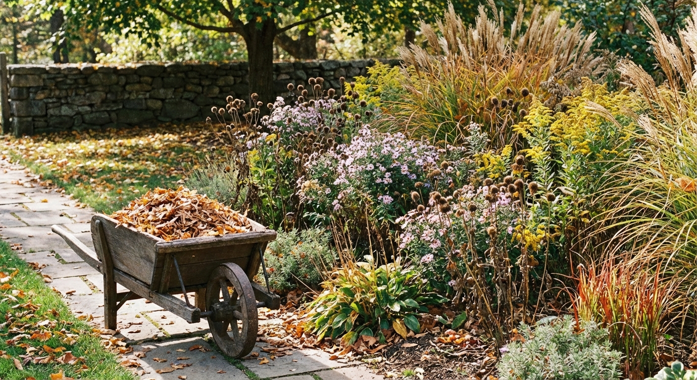 A wheelbarrow filled with shredded autumn leaves next to a perennial garden bed