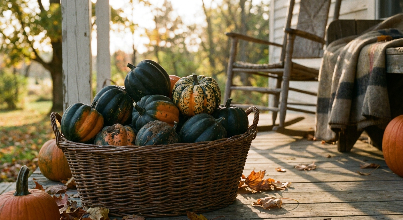 A wicker basket filled with freshly harvested acorn squash on a porch in soft autumn light