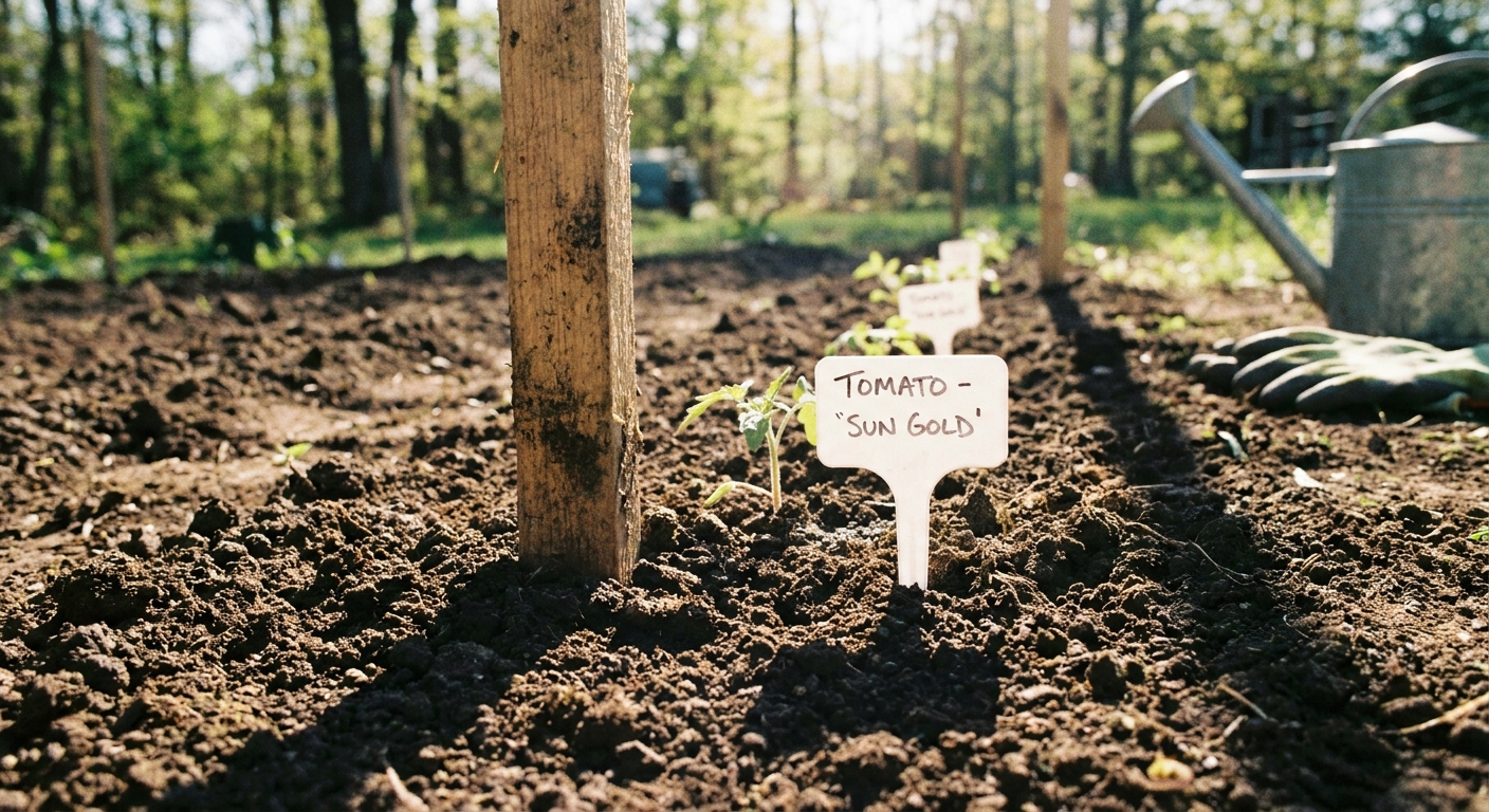 A wooden stake beside a newly planted garden spot with a simple plastic plant label in the soil on a sunny spring day, real photograph style