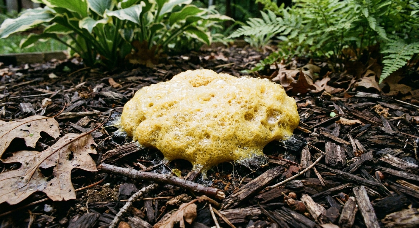 A yellowish, foamy blob of dog-vomit slime mold sitting on dark wood mulch in a garden bed