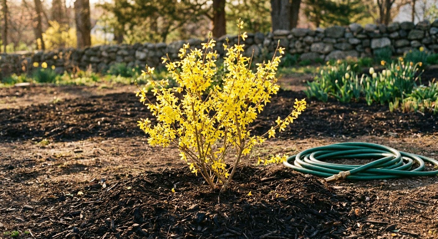 A young forsythia shrub planted in a mulched garden bed in full sun, with open space around it and a garden hose nearby