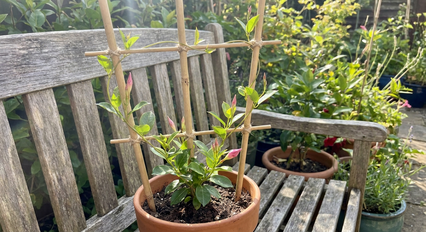 A young mandevilla plant in a pot with a small trellis, with tender green vines gently tied to the support
