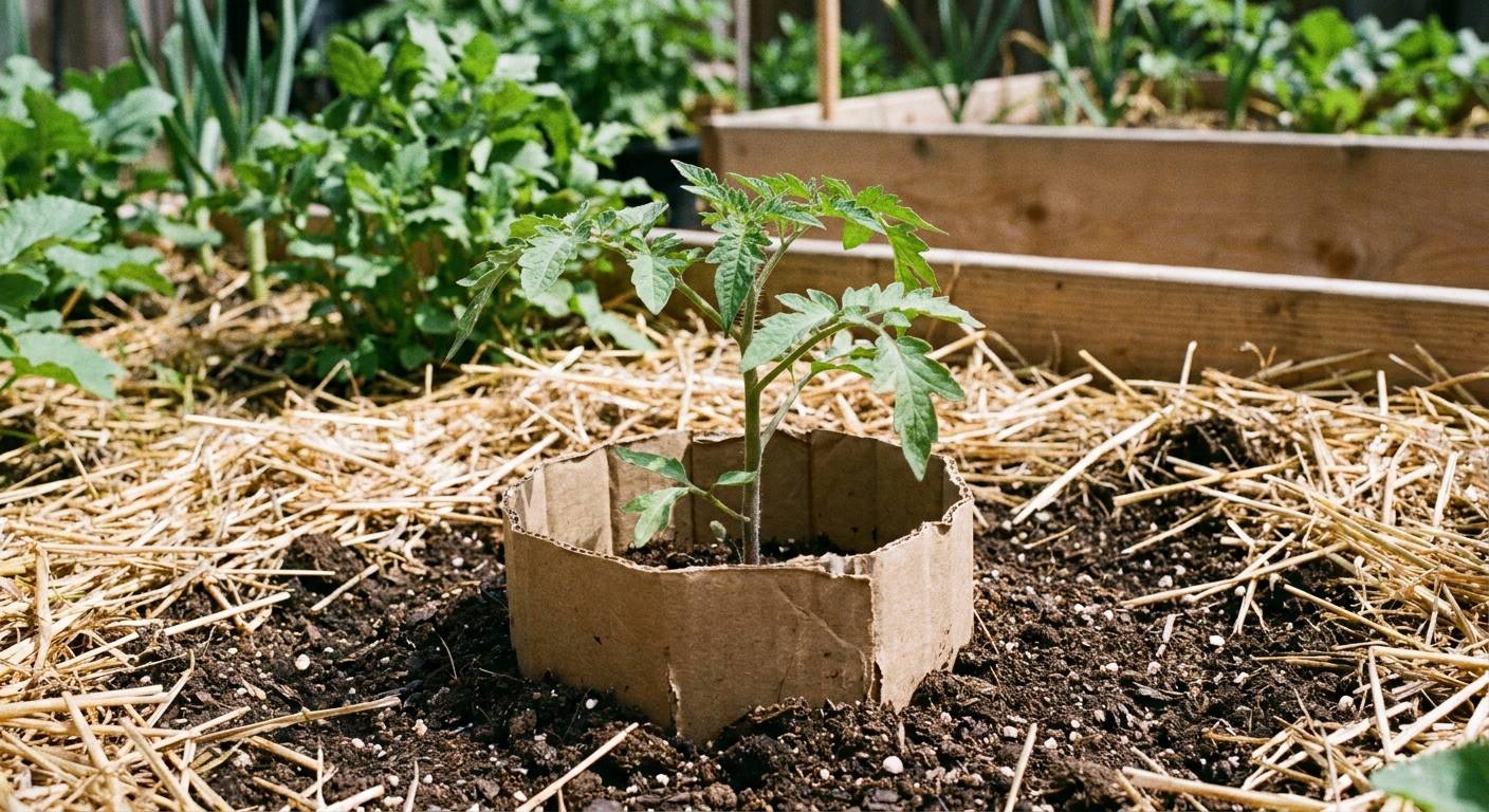 A young tomato transplant with a cardboard collar sunk into the soil around the stem in a backyard vegetable bed, close-up photo