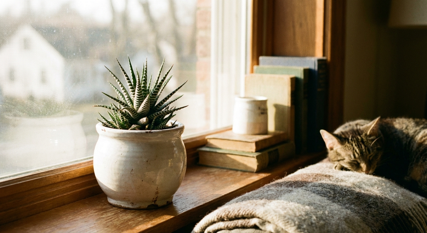A zebra haworthia in a white ceramic pot sitting near an east-facing window with soft morning light, cozy home interior, realistic photography