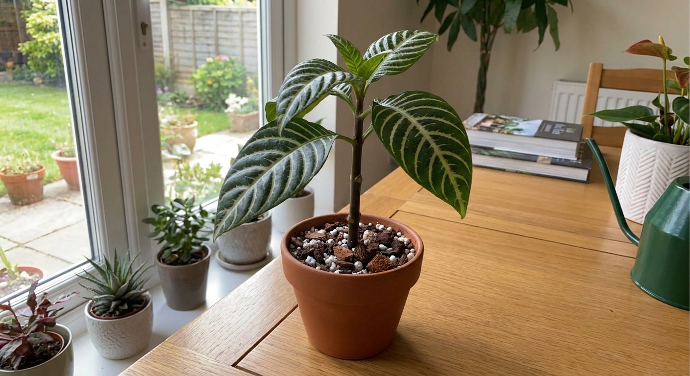 A zebra plant stem cutting planted in a small nursery pot with airy potting mix, sitting on a bright indoor table near a window