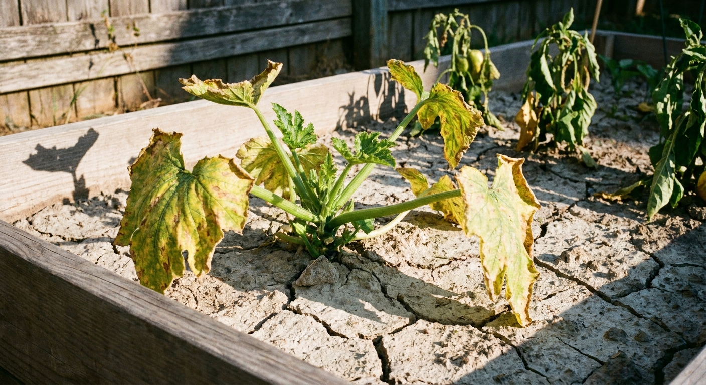 A zucchini plant in a raised bed with dry, cracked soil and slightly curled, yellowing older leaves in afternoon sun, real photo