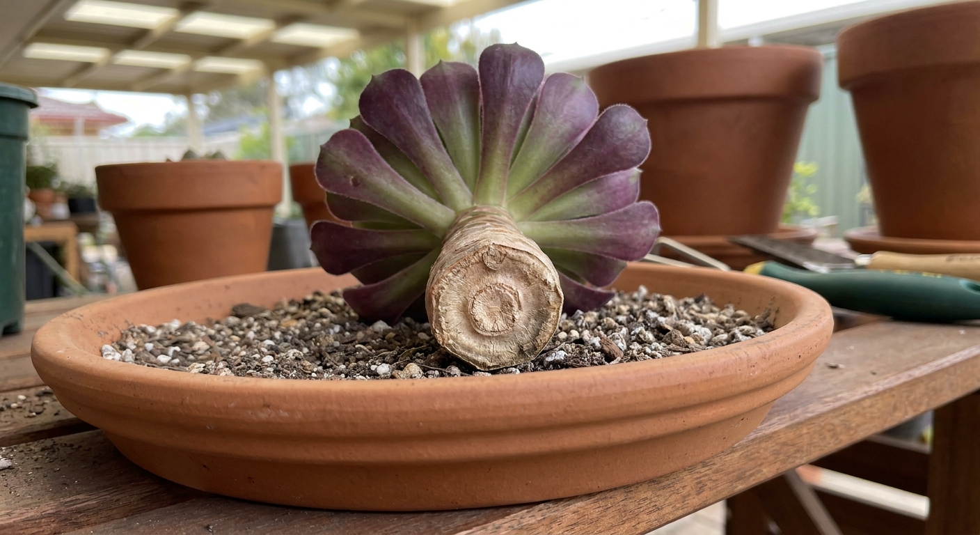 Aeonium offset cutting resting on a dry potting tray in bright shade, with the cut end exposed and beginning to callus