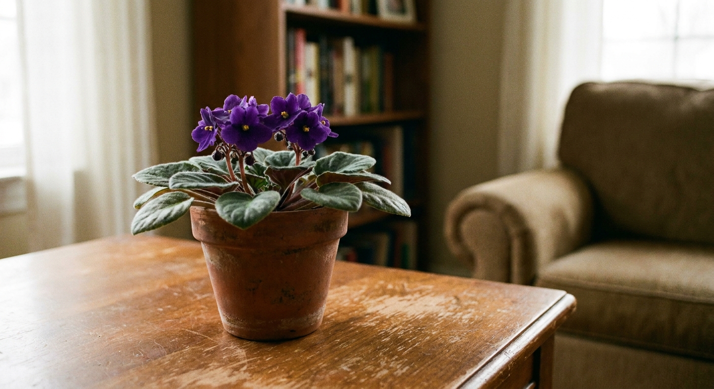 An African violet in a small pot placed on an indoor table away from a window draft, with soft ambient light, real photo style