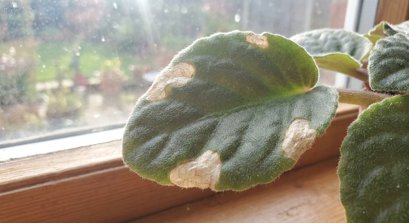 An African violet leaf with pale tan sun-scorch patches near a bright window, real photo style