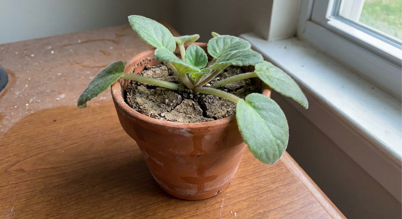 An African violet with slightly drooping leaves in a small pot with dry-looking potting mix on an indoor table, realistic photo