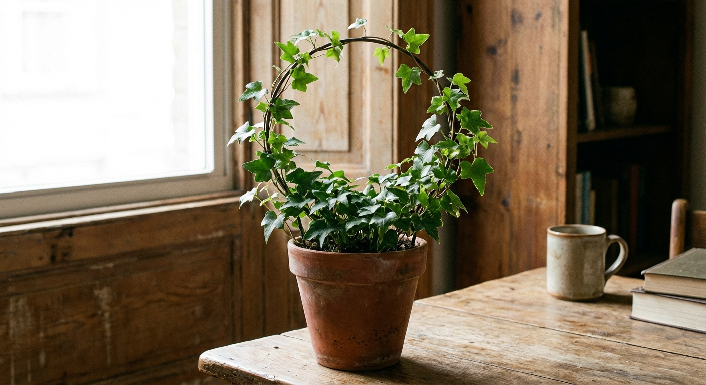 An English ivy houseplant trained around a simple metal hoop trellis in a terra cotta pot on a wooden table, bright indirect light, realistic indoor photography