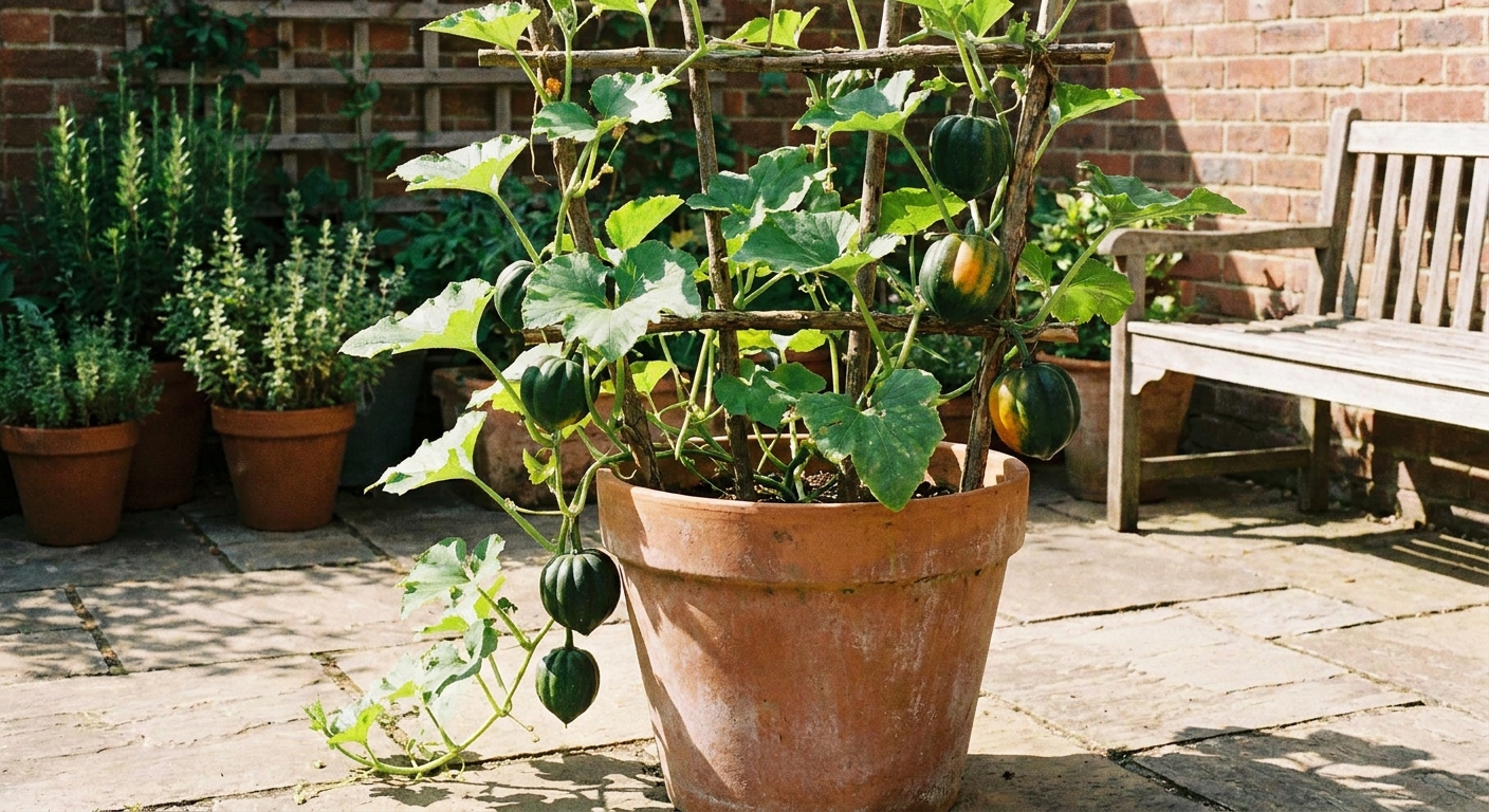 An acorn squash plant growing in a large container on a sunny patio, trained up a wooden trellis with green leaves