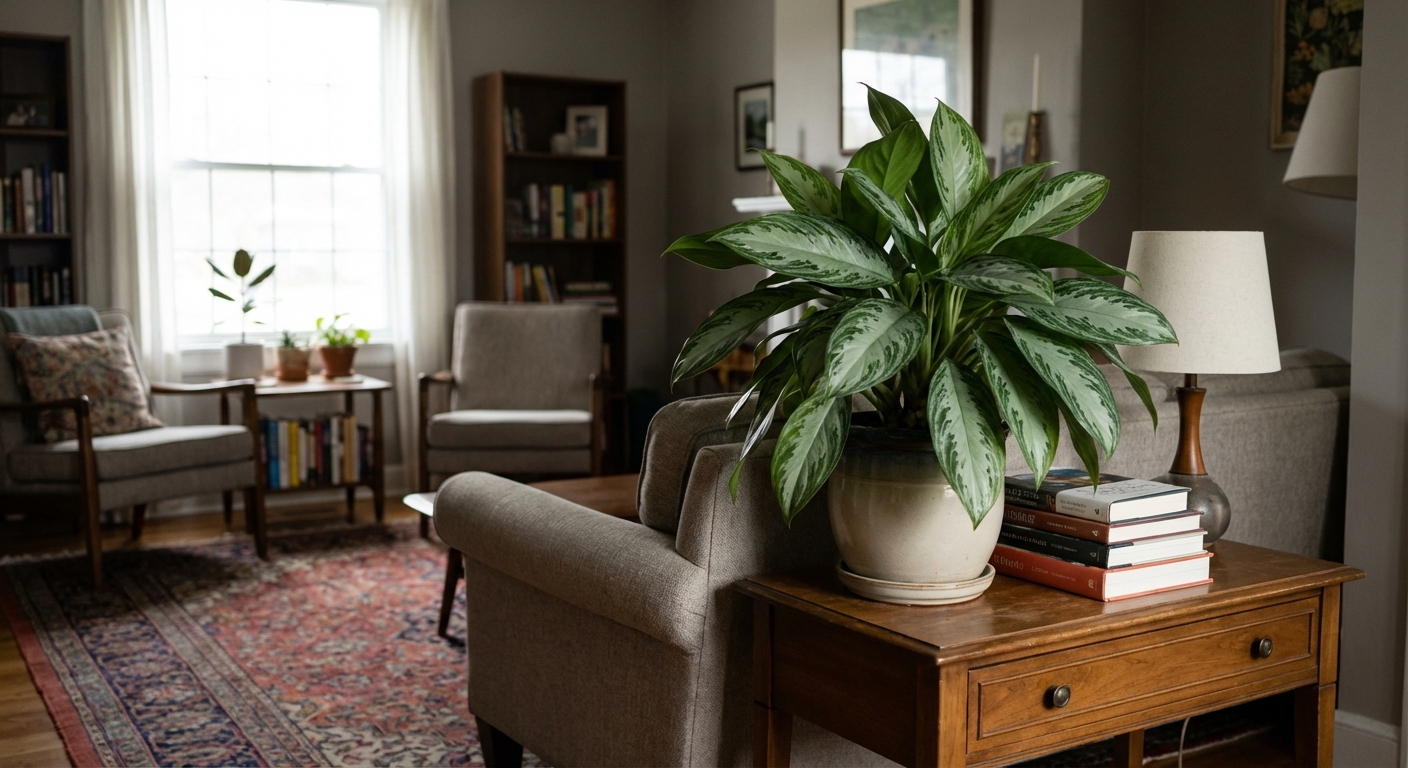 An aglaonema plant placed on a side table in a softly lit living room several feet away from a window, showing how it can grow in low light, photorealistic interior plant photo