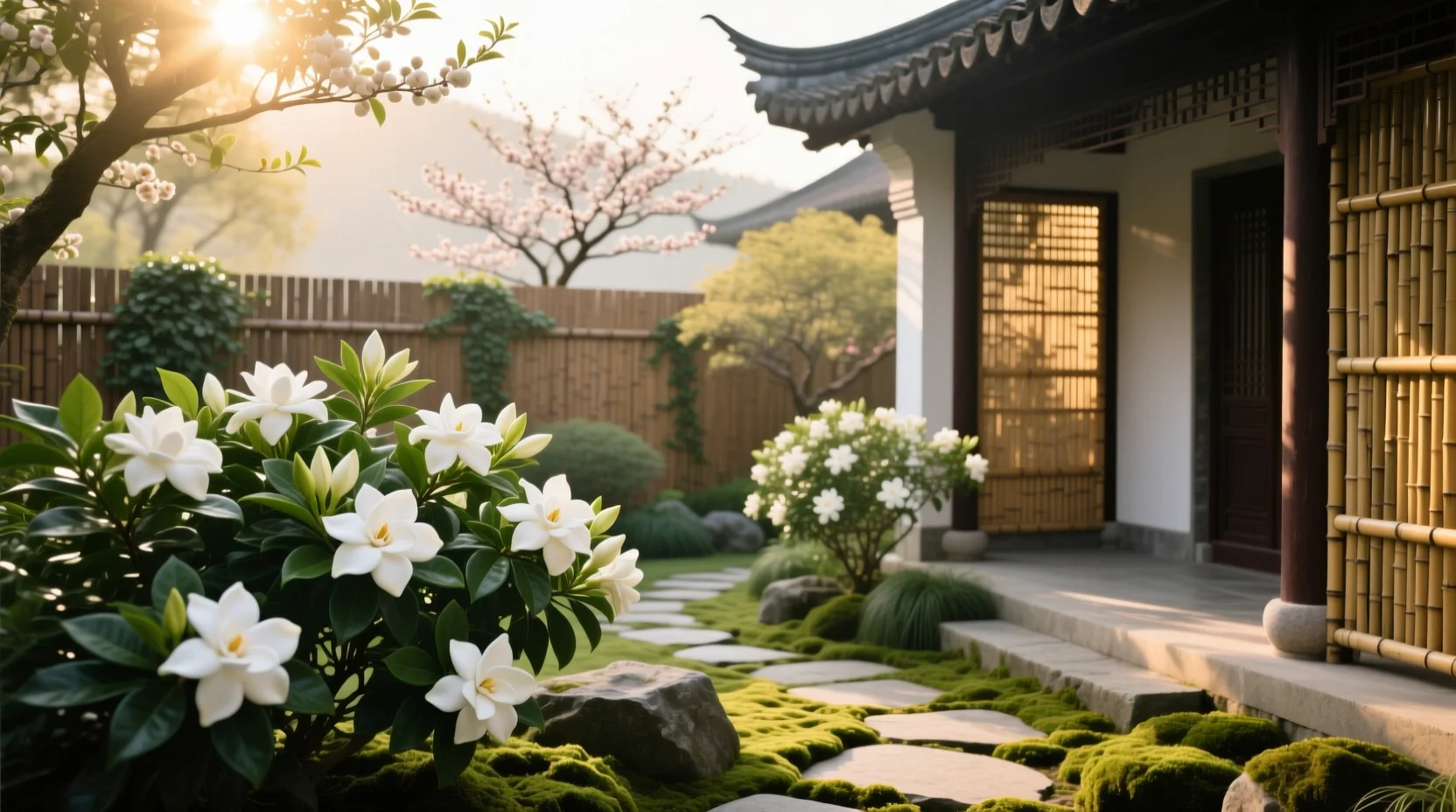 An indoor gardenia on a plant stand near a sunny window with sheer curtains, receiving bright indirect light