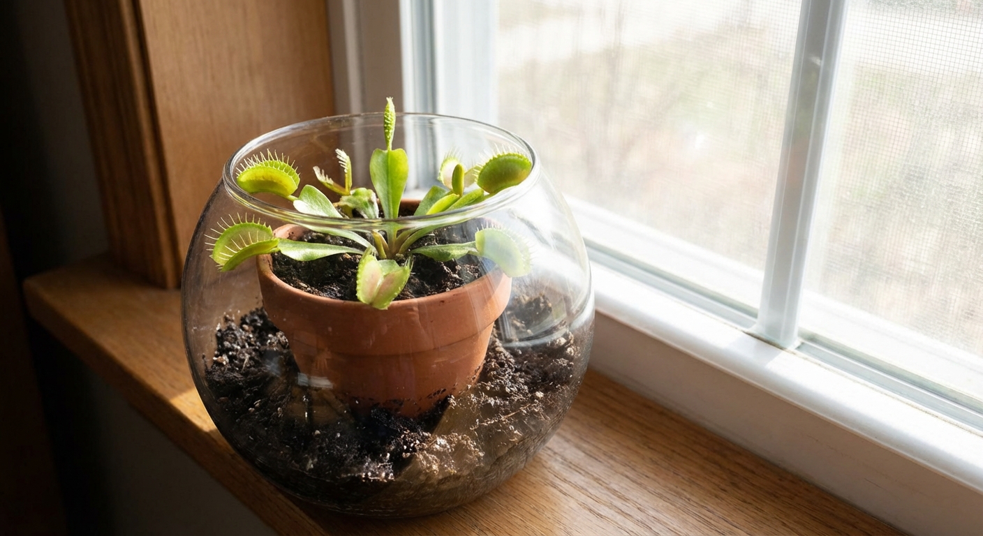 An open-top glass bowl holding a potted Venus flytrap with airy spacing and visible soil surface, placed near a bright window with soft daylight, photorealistic