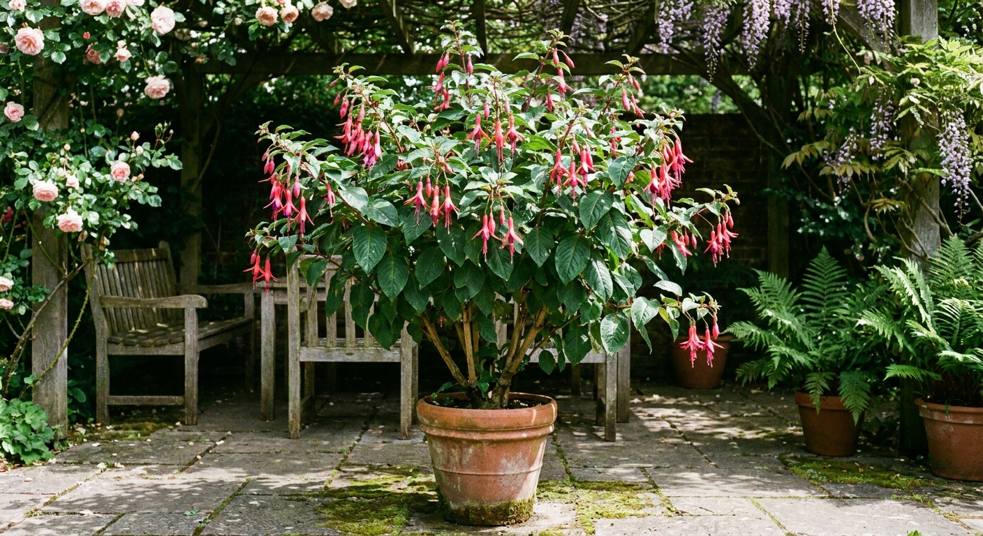 An upright fuchsia growing in a terracotta pot on a shaded patio, with sturdy stems, glossy leaves, and dangling pink blooms