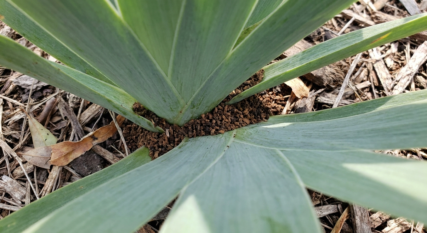 Brown crumbly frass lodged between overlapping bearded iris leaves near the base of the fan