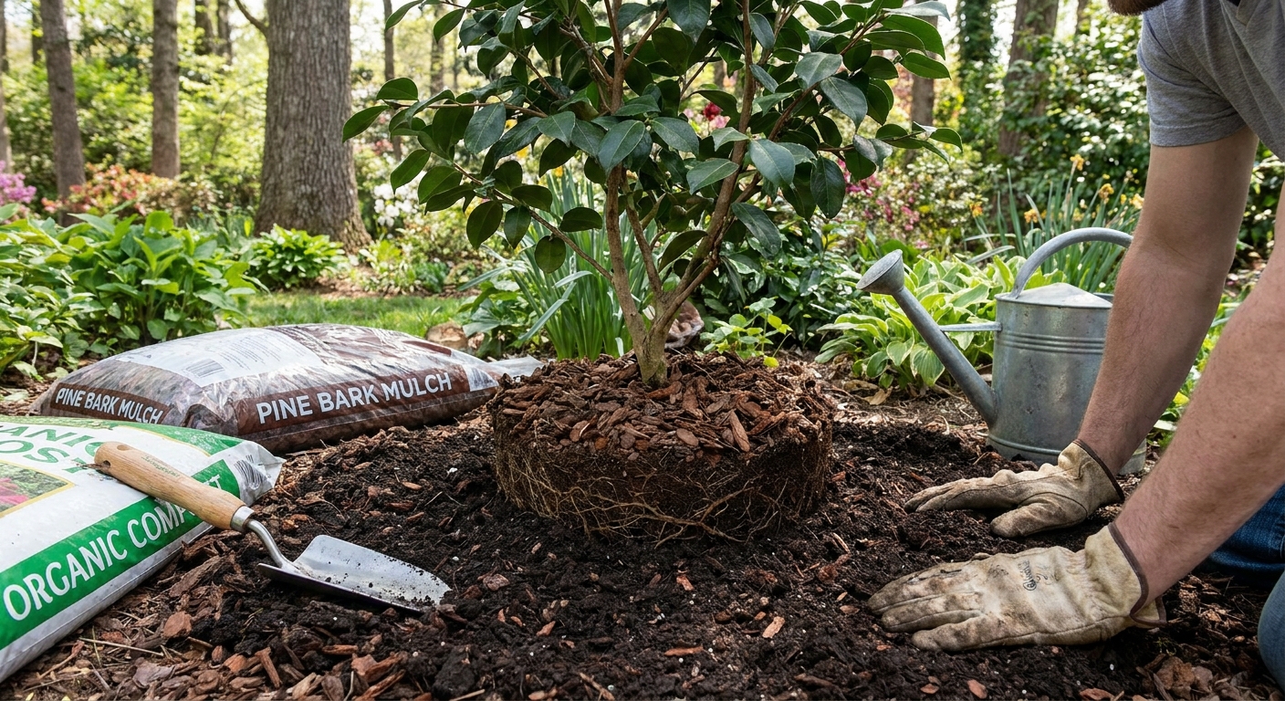 Camellia being planted with a shallow root ball set slightly high and surrounded by pine bark and compost in a garden bed