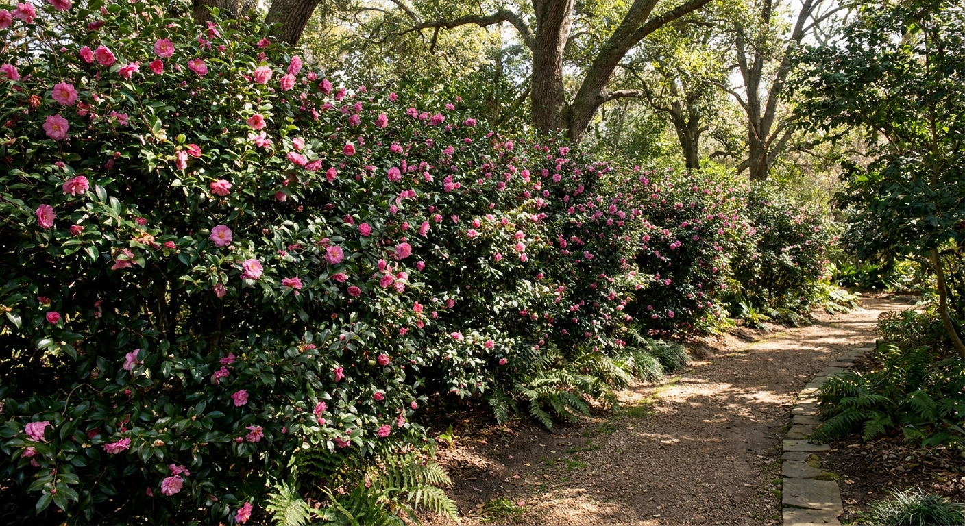 Camellia sasanqua hedge covered in small pink flowers with glossy leaves along a garden path