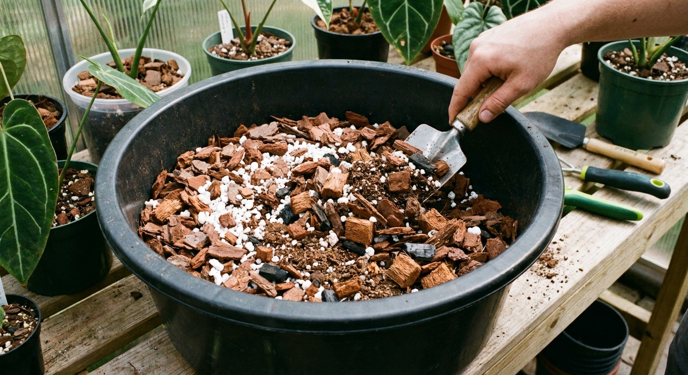 Chunky aroid potting mix with visible orchid bark and perlite in a mixing tub