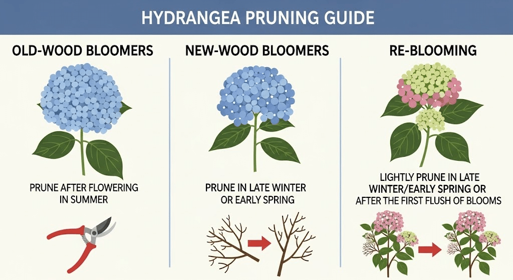 Clean infographic calendar with months across the top and color bars indicating best pruning windows for bigleaf, oakleaf, smooth, panicle, and climbing.