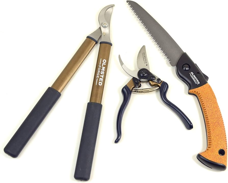Clean layout of bypass pruners, loppers, and a small pruning saw on a workbench, with each tool clearly visible and uncluttered.