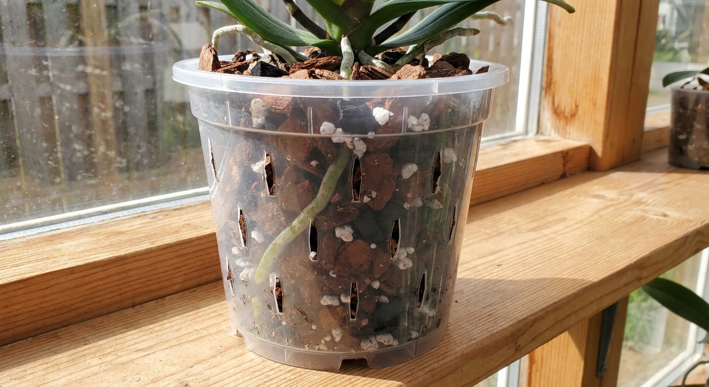 Clear plastic orchid pot with multiple drainage holes filled with chunky bark mix