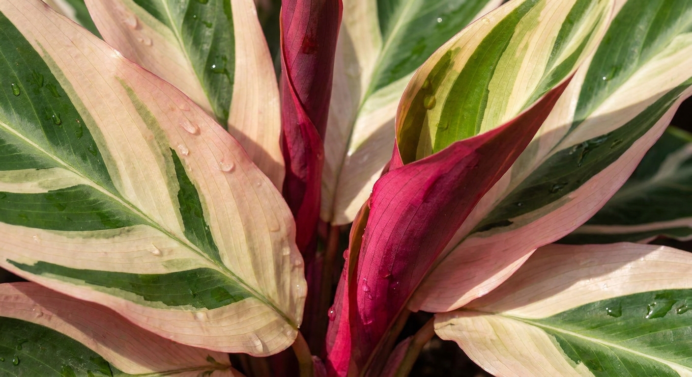 Close up of Stromanthe ‘Triostar’ leaves showing pink and cream variegation with a deep magenta underside visible along a curled edge