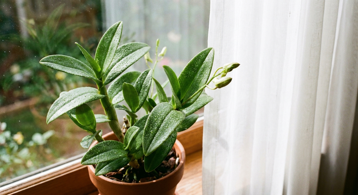 Close-up of a Dendrobium orchid showing healthy medium-green leaves near a bright window with sheer curtain, real indoor photograph
