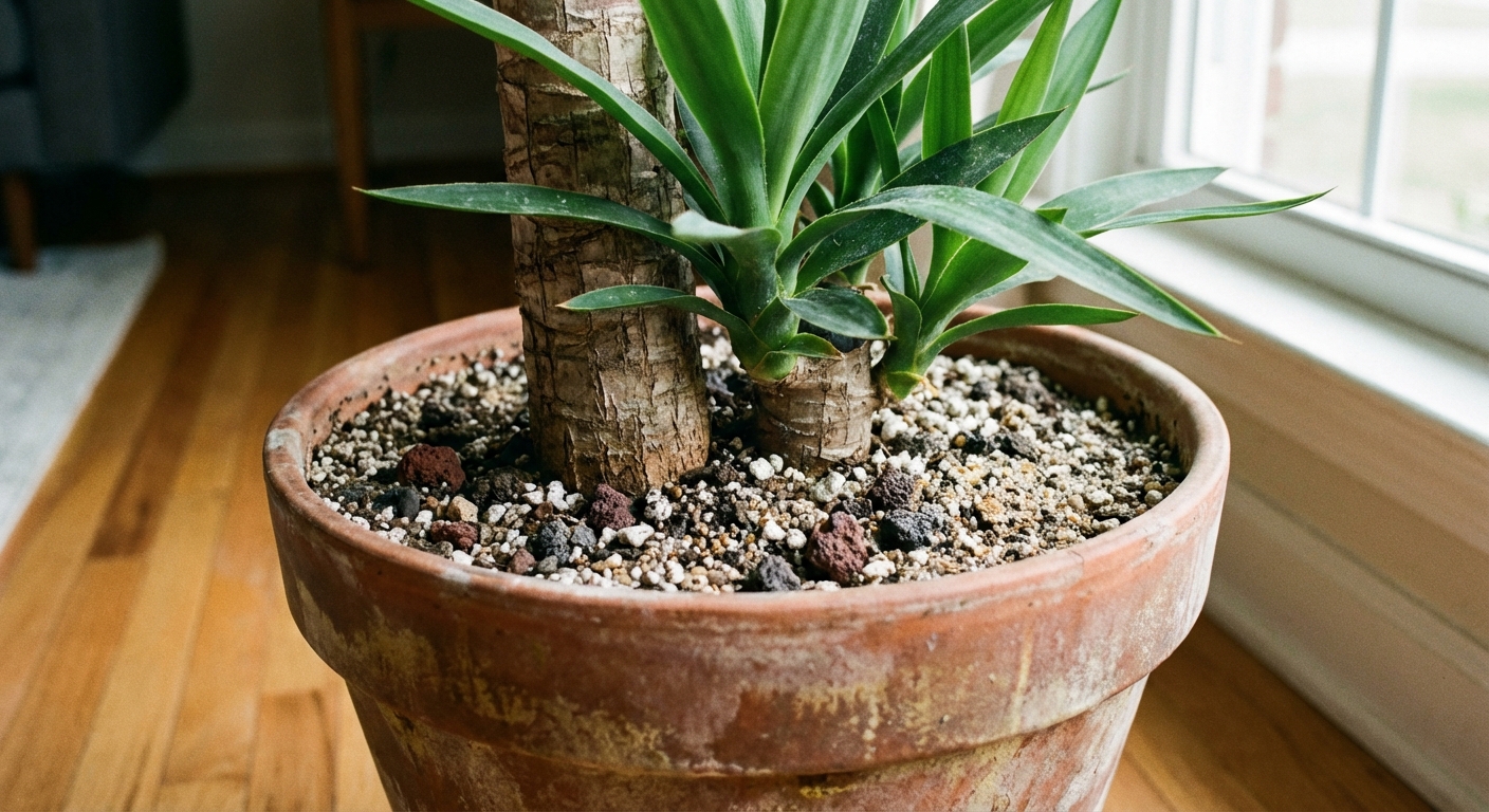 Close-up of a Yucca elephantipes planted in a terracotta pot with gritty well-draining soil visible on the surface, natural indoor light, photorealistic