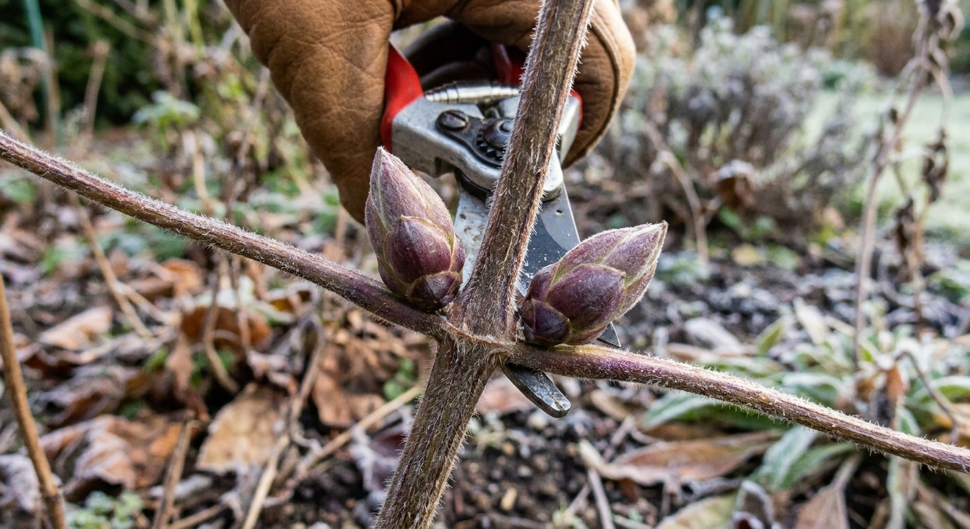 Close-up of a clematis stem with plump buds in late winter as a gardener positions bypass pruners just above a bud pair, realistic garden photography