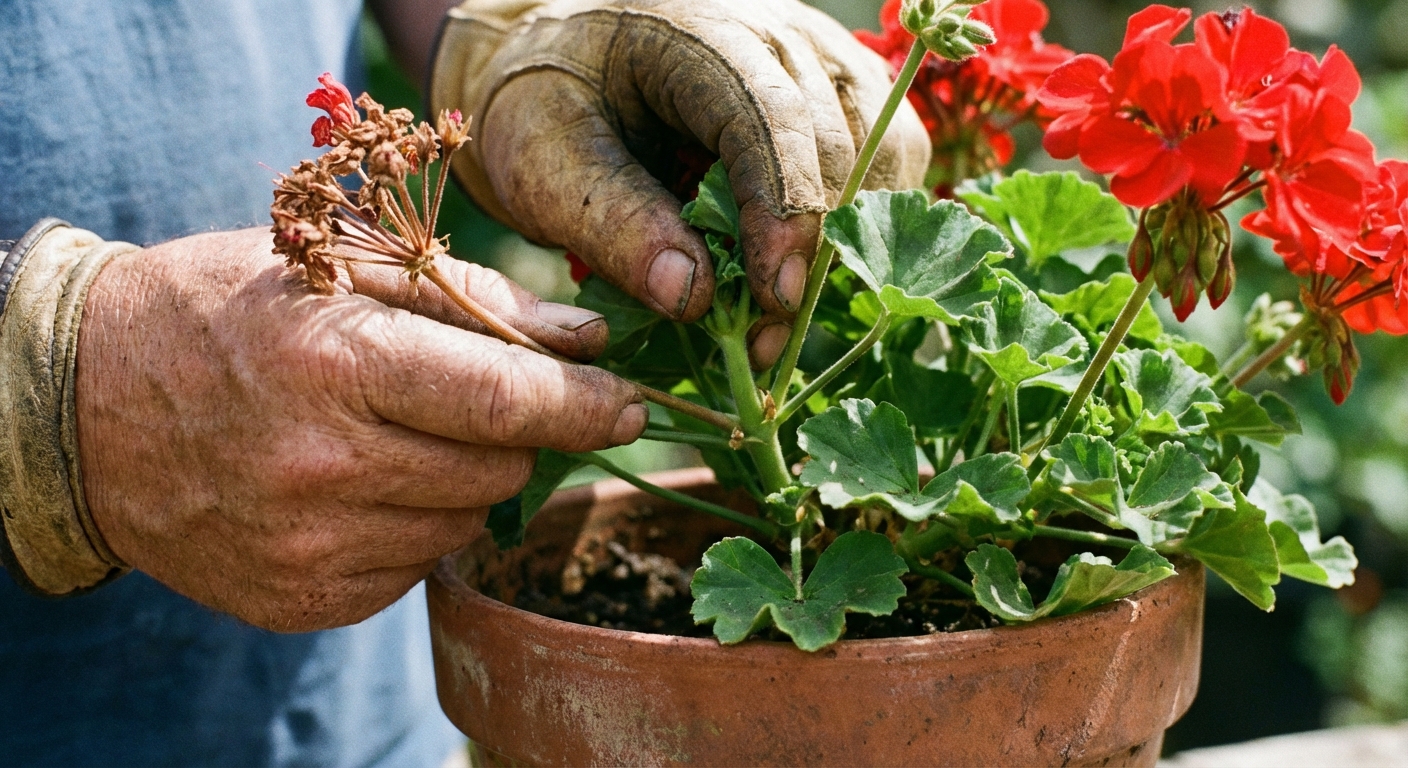 Close-up of a gardener snapping off a spent geranium flower stalk at its base where it meets the main stem on a potted red geranium, bright natural light, photorealistic
