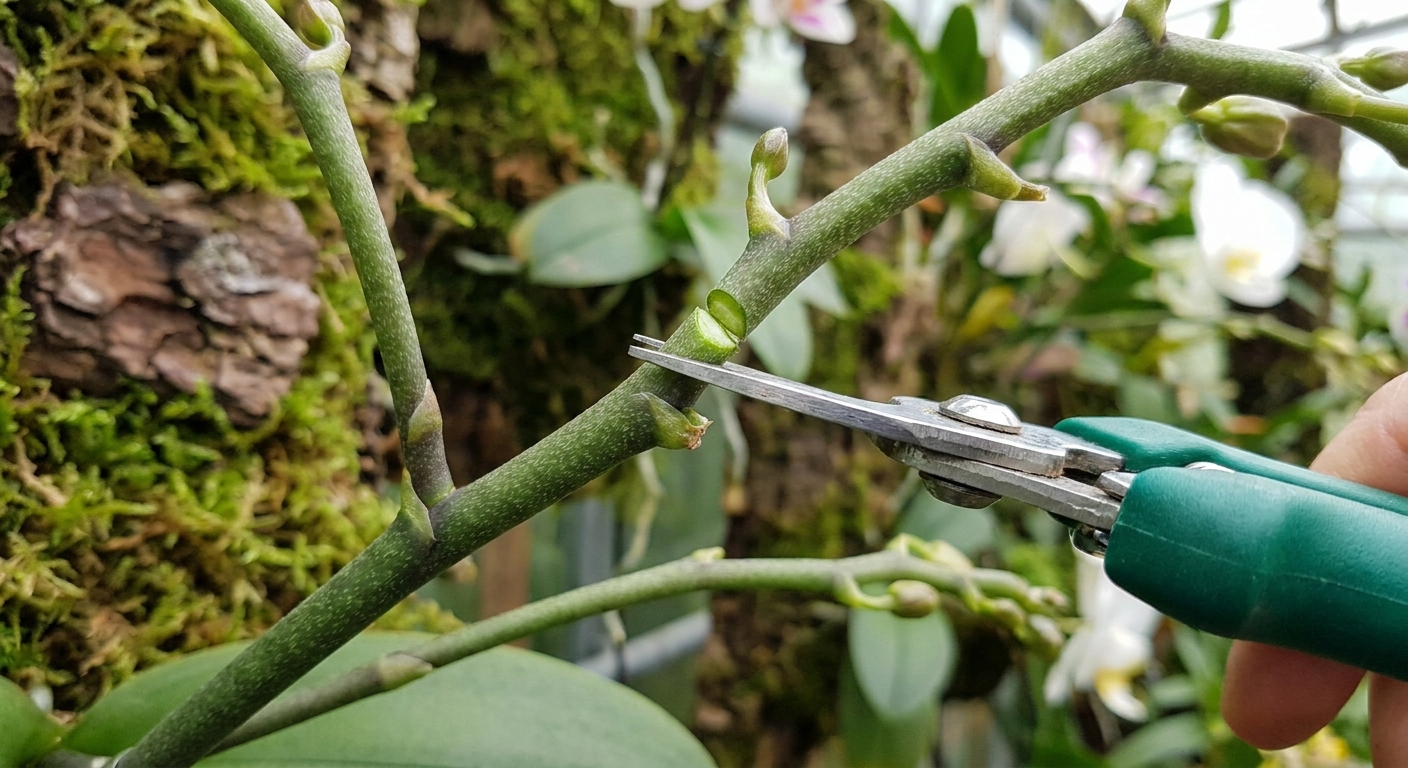 Close up of a green orchid flower spike being trimmed with small pruners just above a node