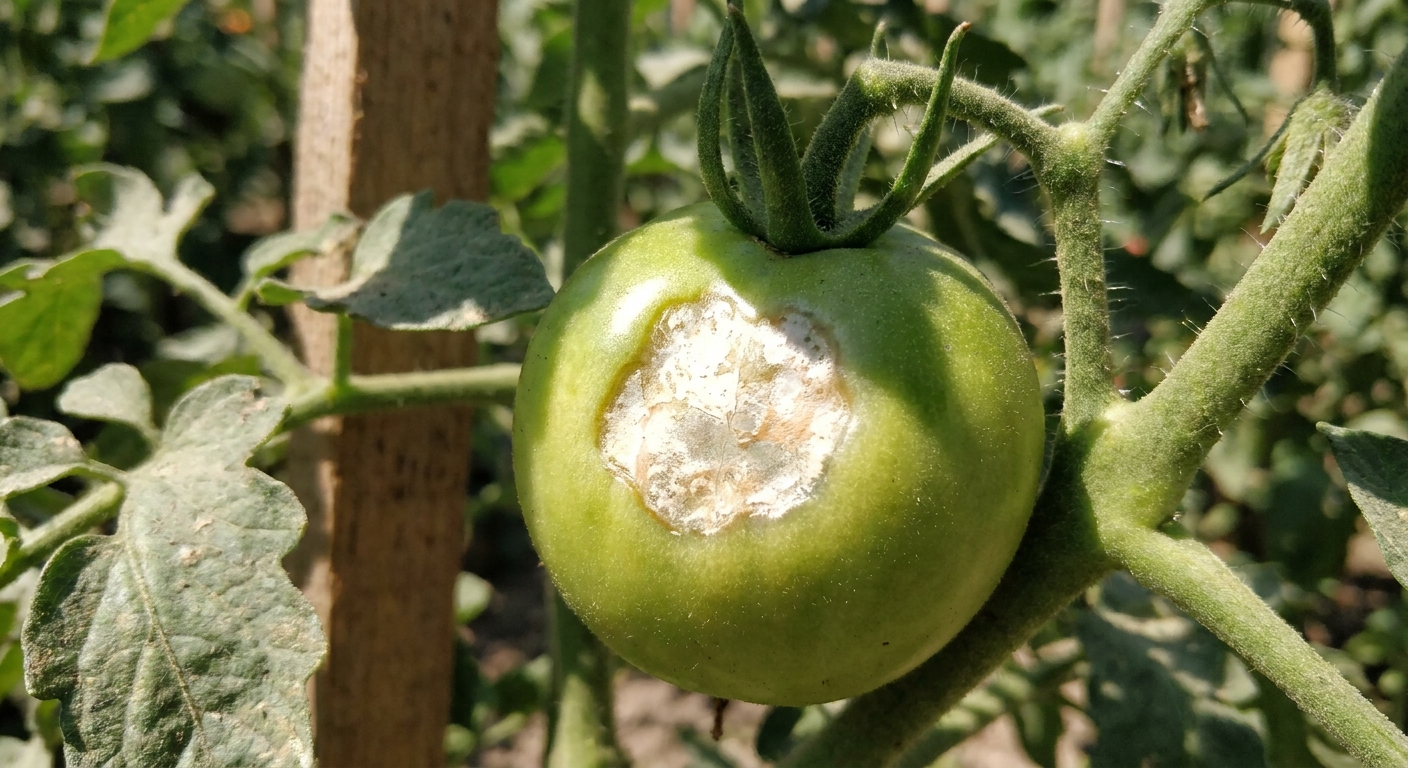 Close-up of a green tomato on the vine with a large white to tan, slightly sunken leathery patch on the side facing the sun