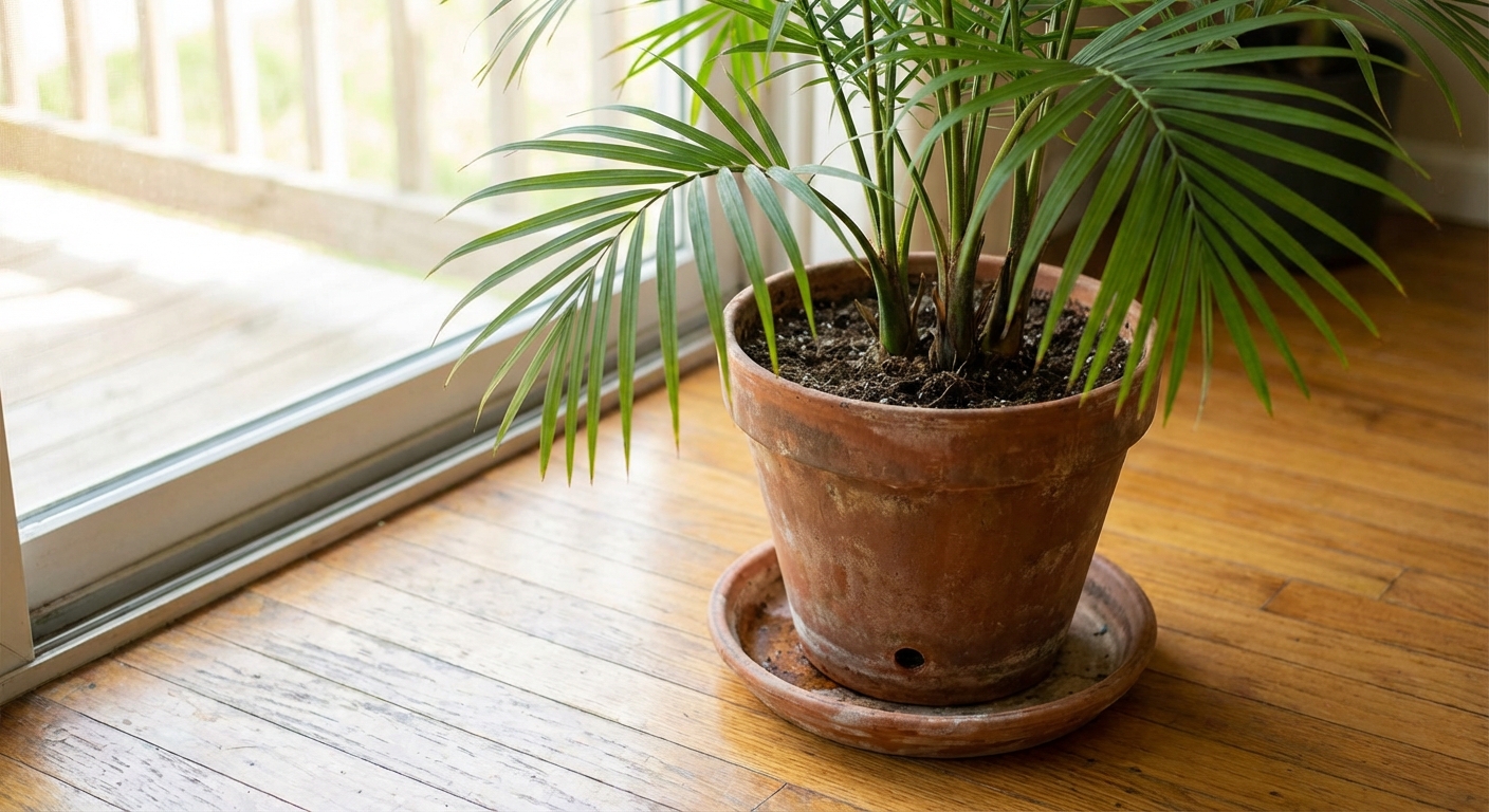 Close-up of a majesty palm in a terracotta pot with visible drainage hole and a saucer beneath, set on a hardwood floor near natural light, photorealistic
