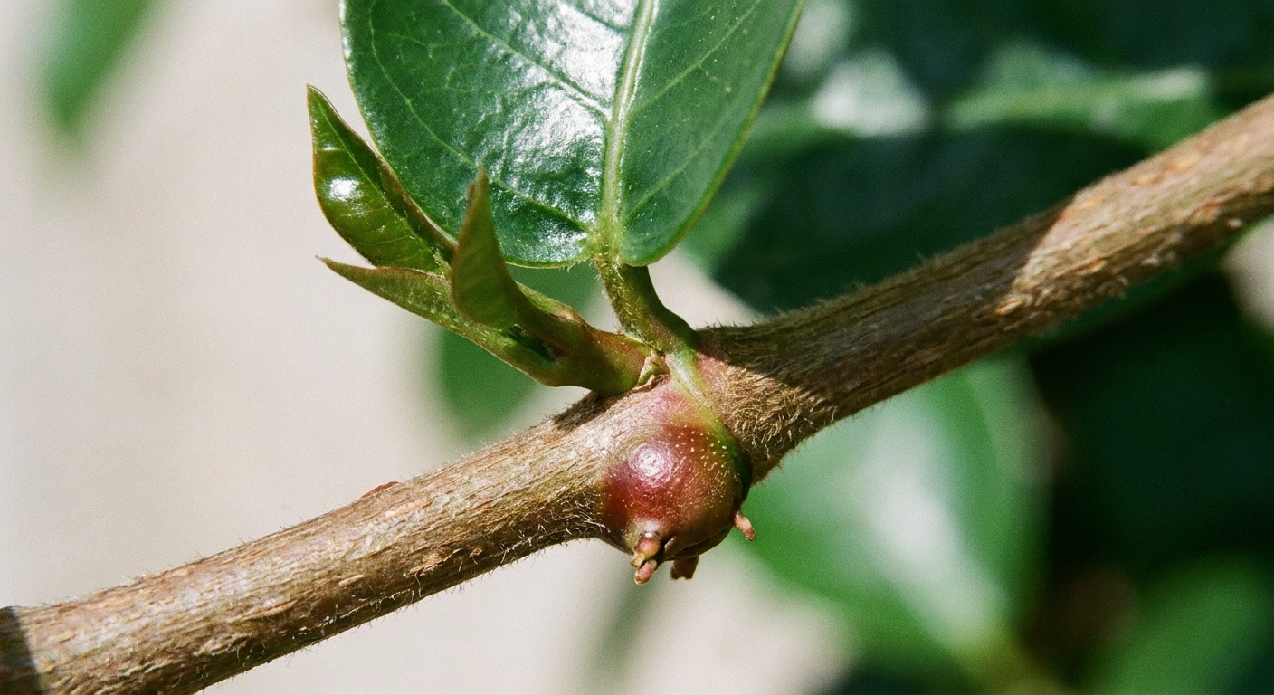 Close-up of a mandevilla stem showing a leaf joint and node bump where roots will form