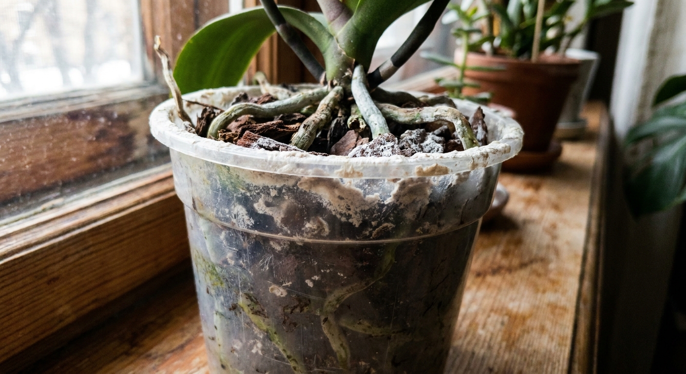 Close-up of a plastic orchid pot with a visible white mineral crust along the rim and bark surface, natural indoor light, real photograph